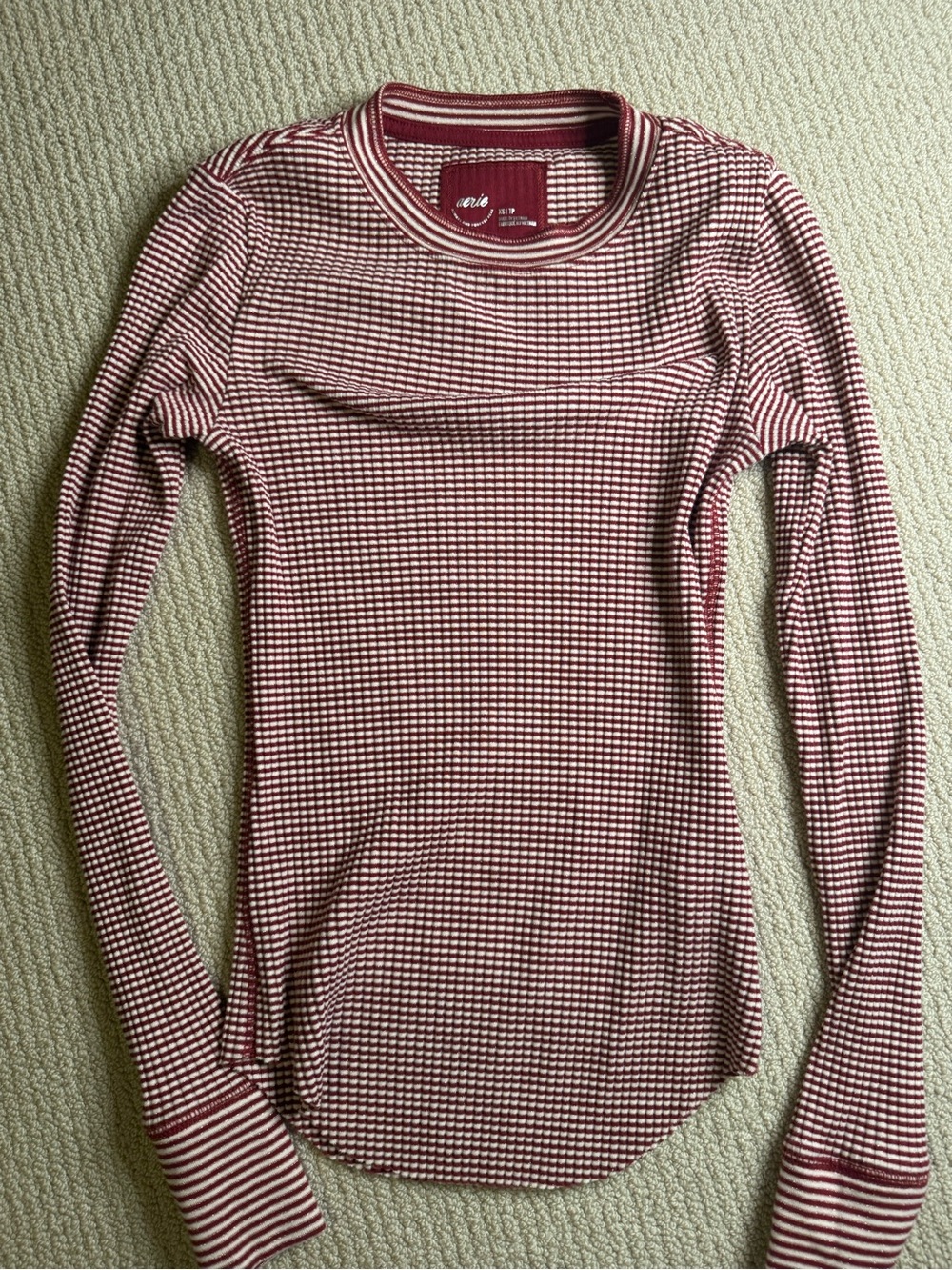 aerie Long Sleeve Ribbed Crewneck Top - Red and White